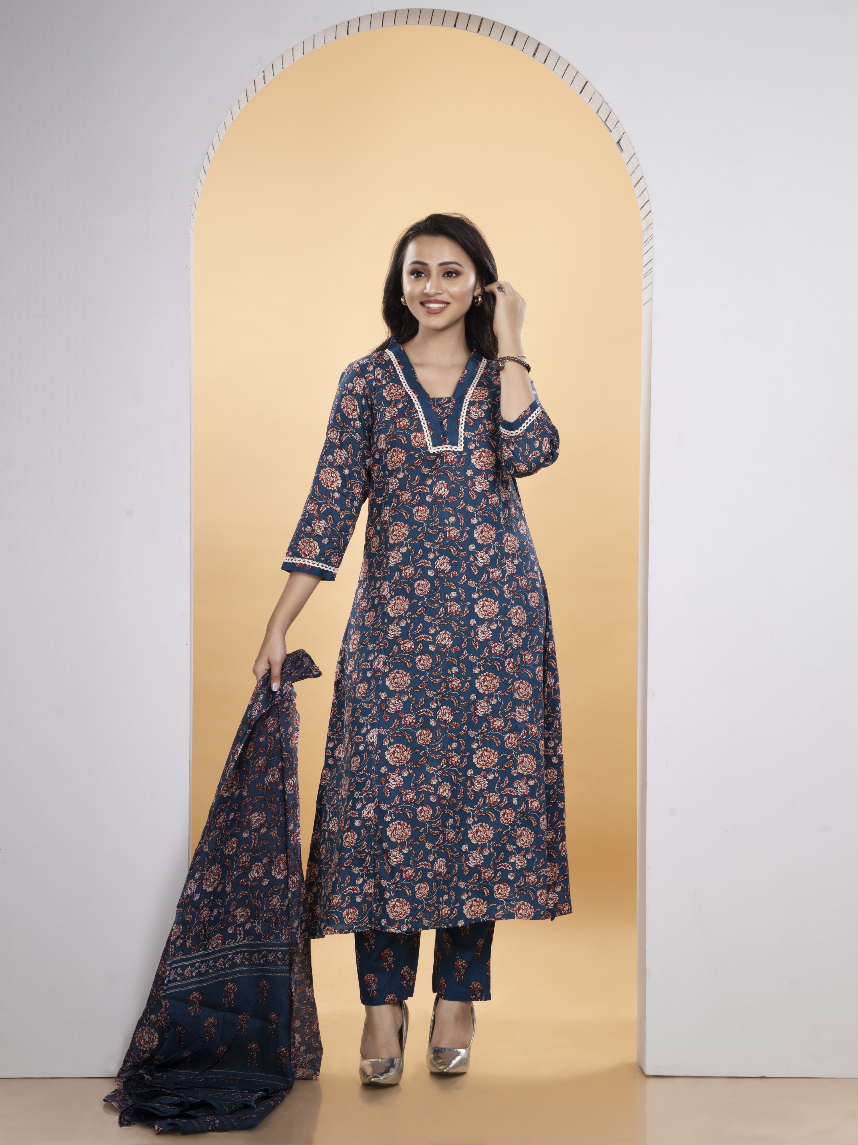 Dark Blue Pure Cotton A-Line Kurti