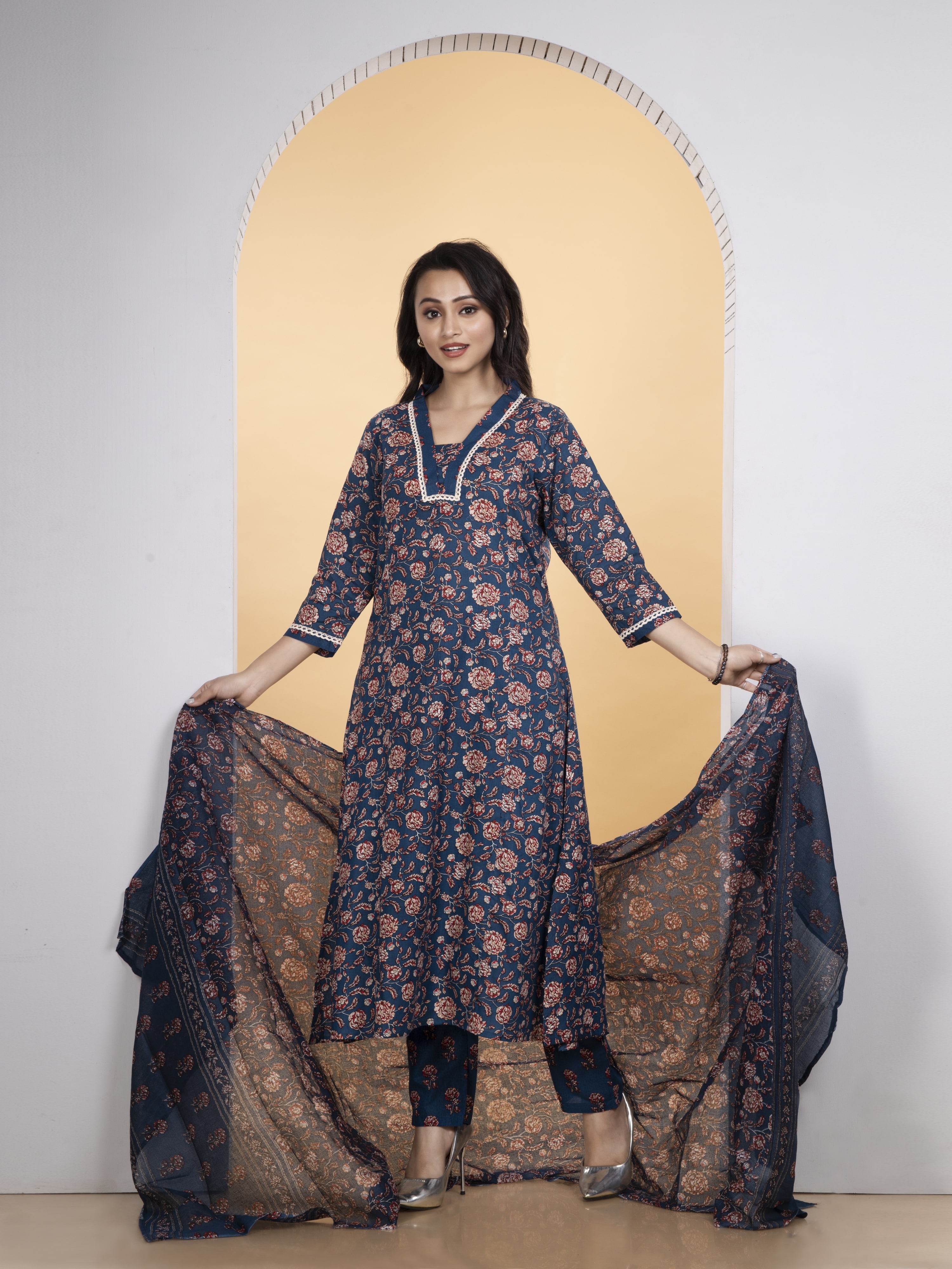 Dark Blue Pure Cotton A-Line Kurti