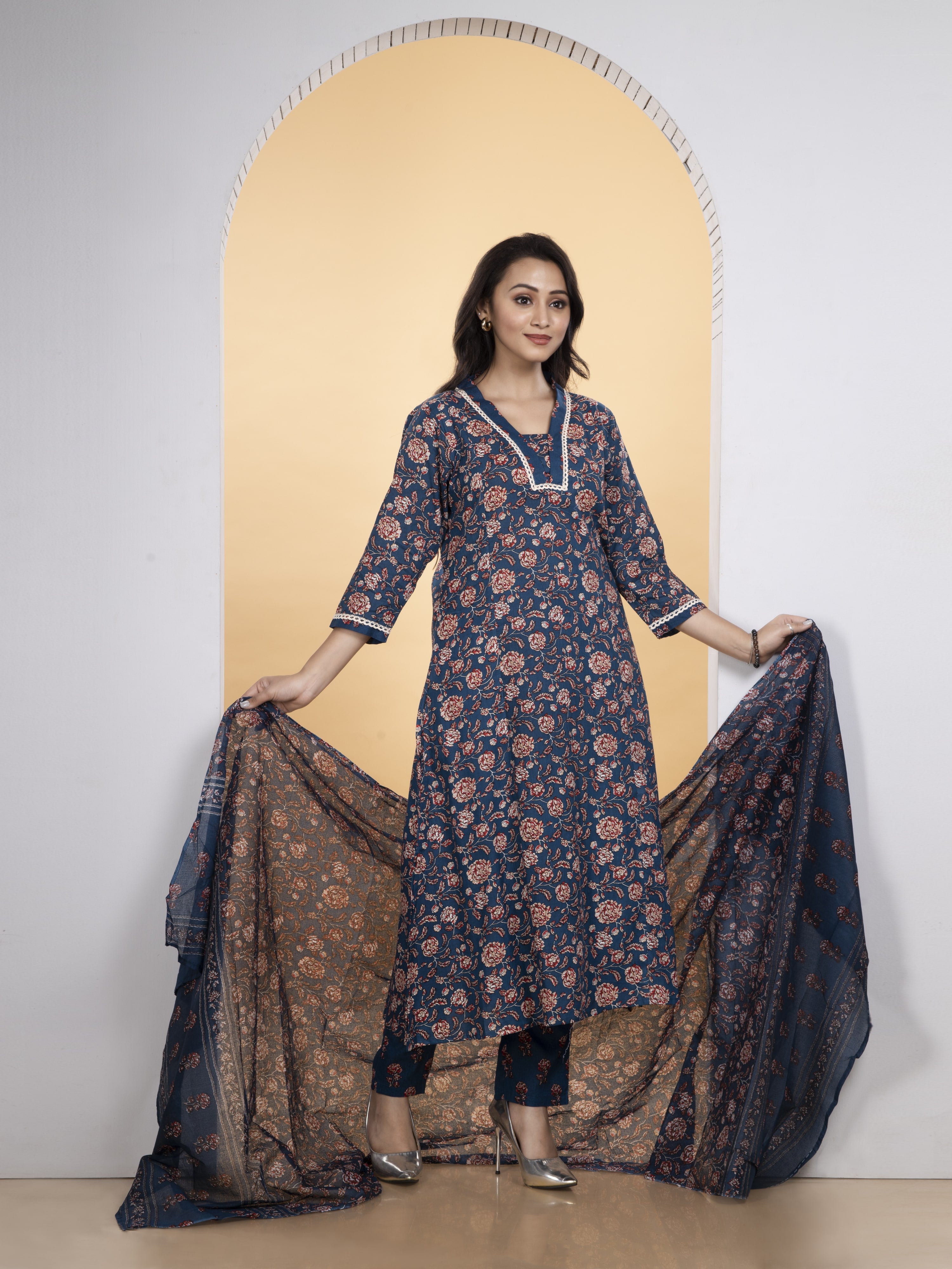 Dark Blue Pure Cotton A-Line Kurti