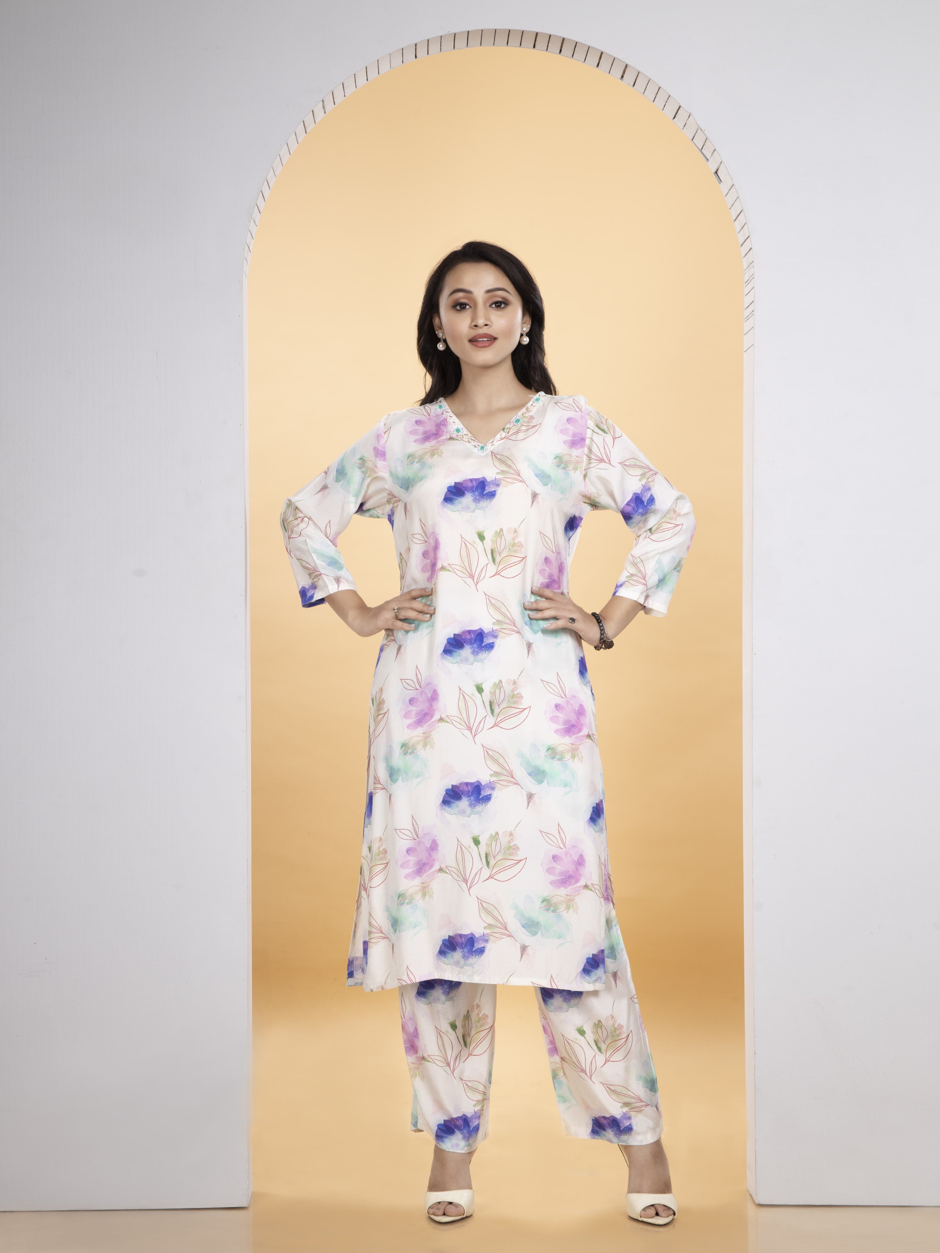 White With Floral Design Pure Viscose Silk CO-ORD Set Long