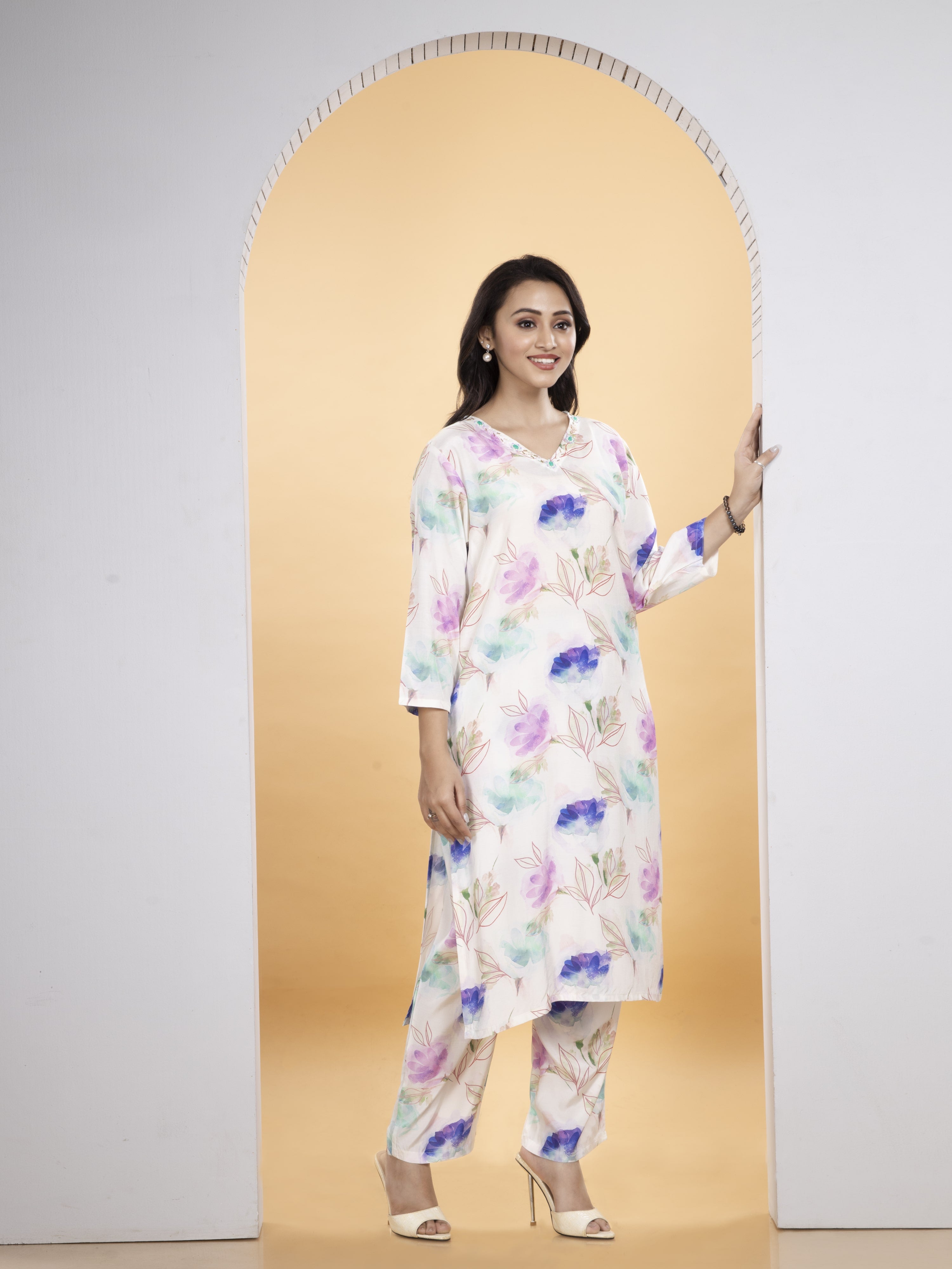 White With Floral Design Pure Viscose Silk CO-ORD Set Long