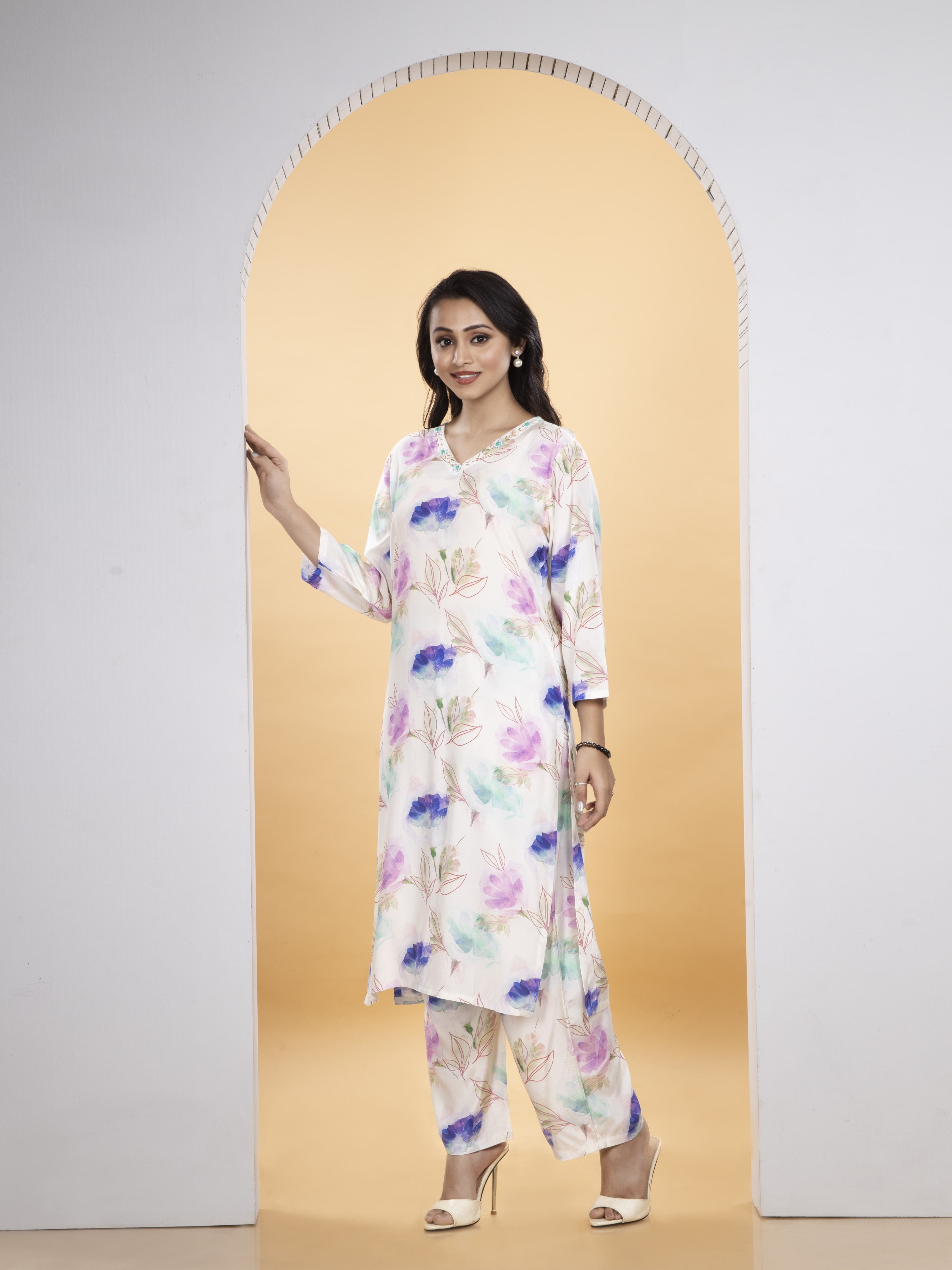 White With Floral Design Pure Viscose Silk CO-ORD Set Long