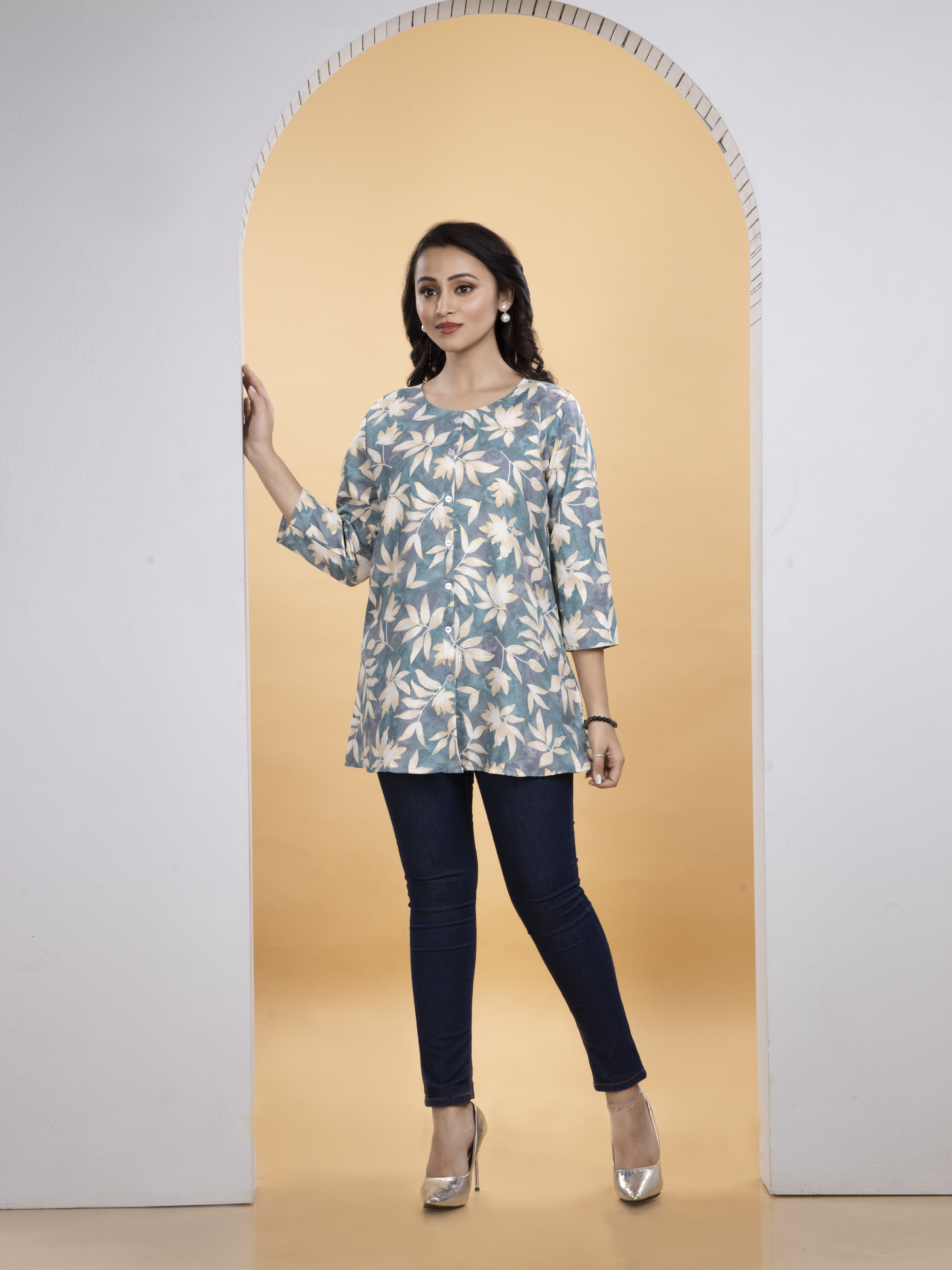 Floral Printed Blue Cotton Kurti