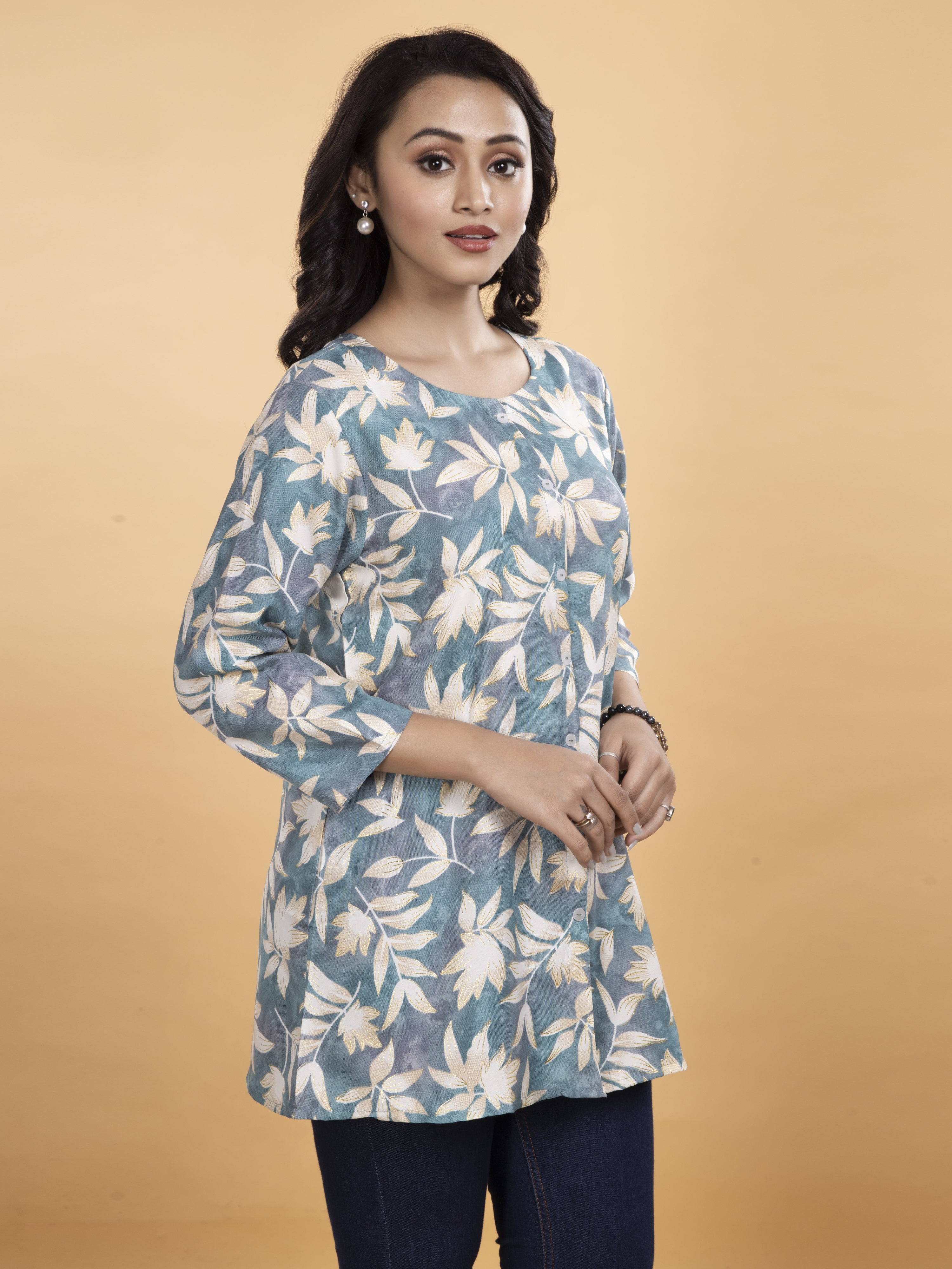 Floral Printed Blue Cotton Kurti