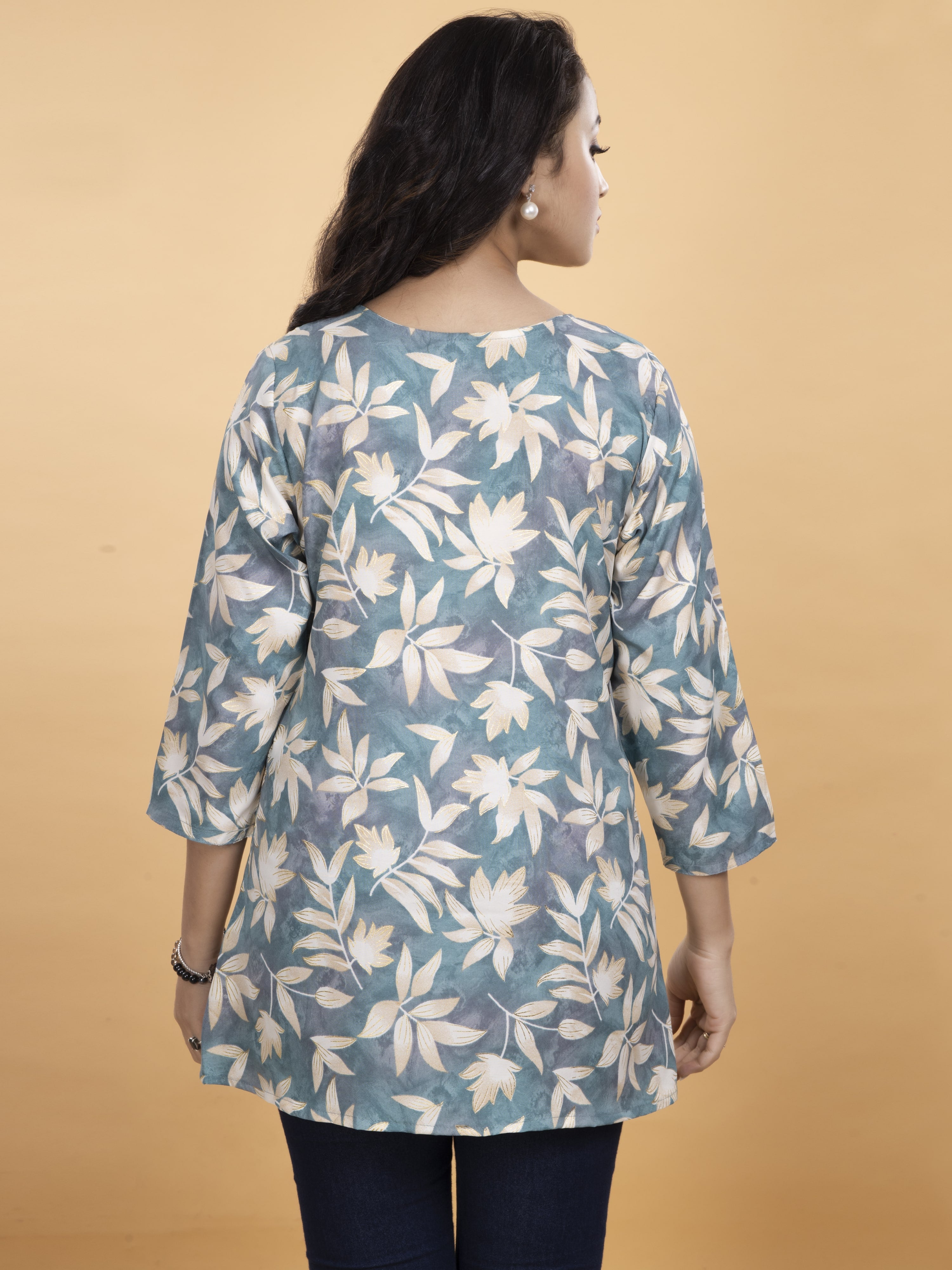 Floral Printed Blue Cotton Kurti