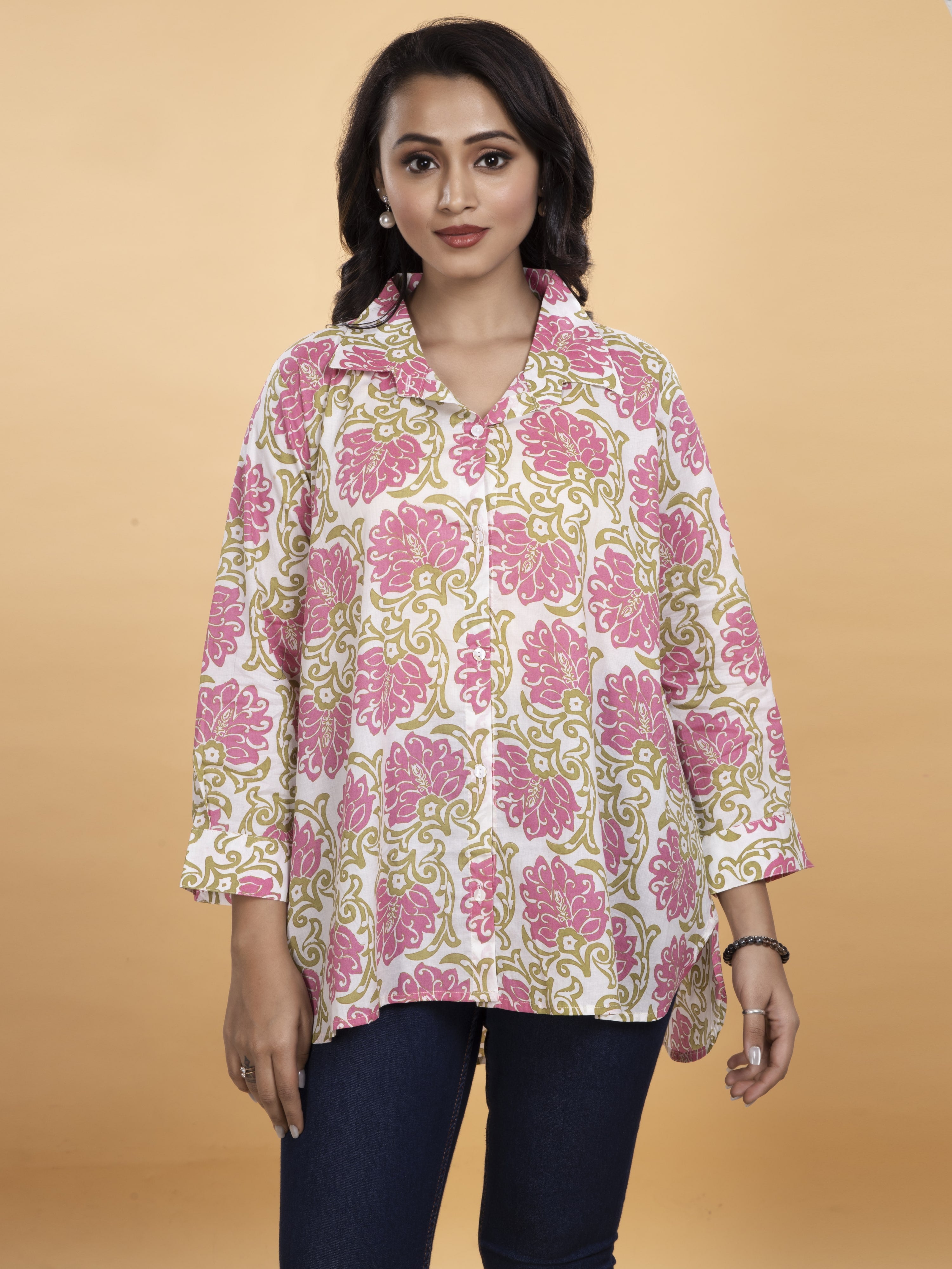 Pink Floral White Pure Cotton High-lo Stype Top